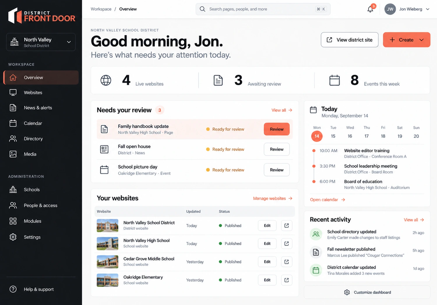 District Front Door admin mockup showing a morning overview, four websites, three items awaiting review, a calendar, and recent activity